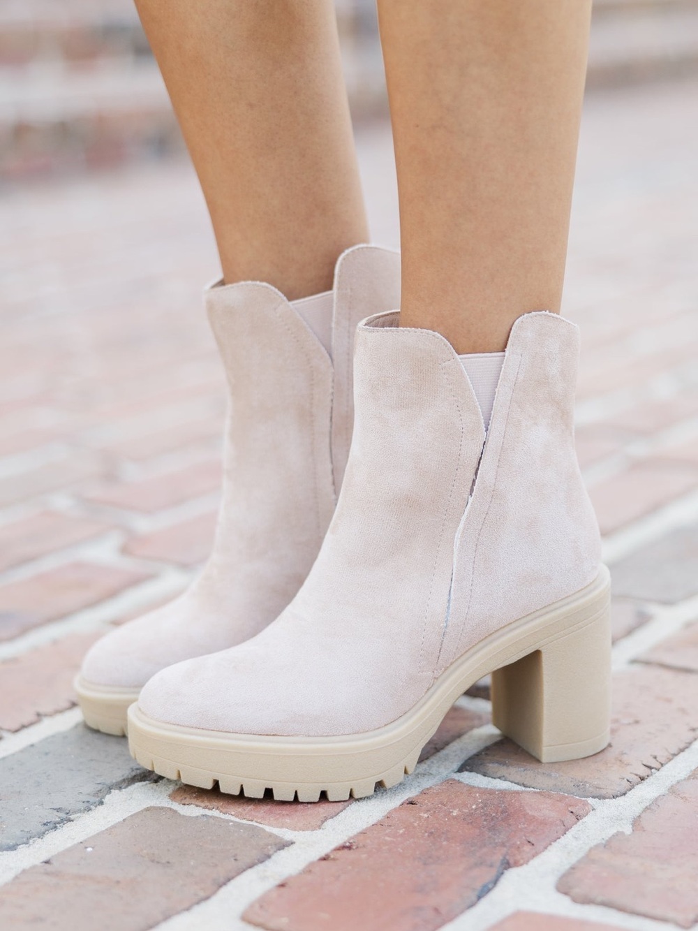 Women's Cream Suede Chunky Heel Ankle Boots